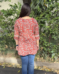 Rust Floral Handblock Short Kurti
