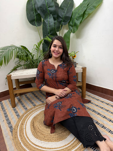 Rust Blue Flower printed kurta