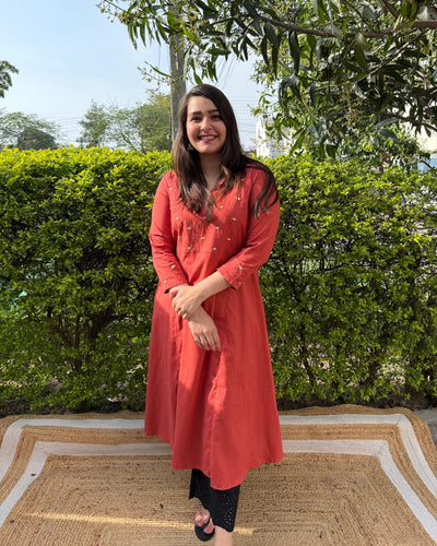 Rust Aline kurta with embroidered yoke on neck