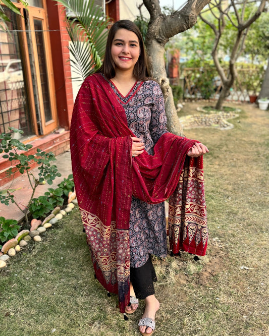 Black Ambi Ajrakh kurta duppata set