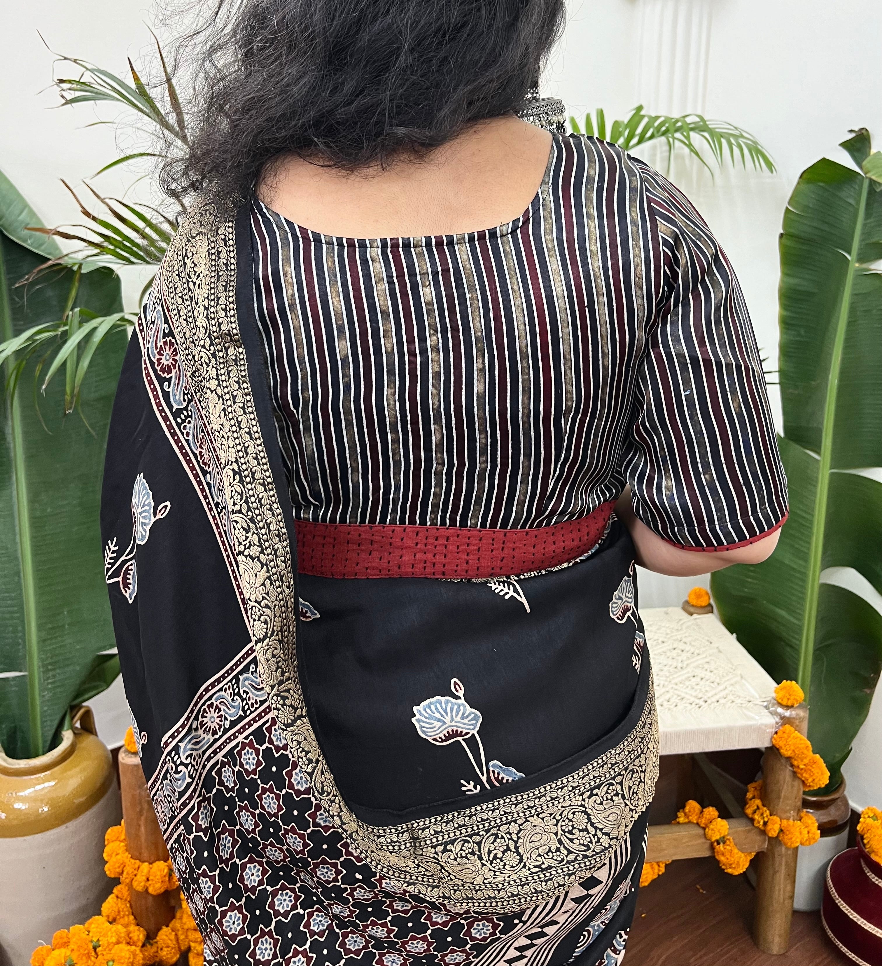 Black lines modal silk blouse with kantha border - MYSANSKRITAM