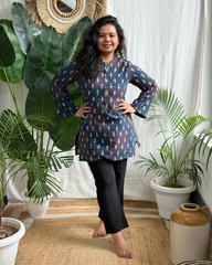 Blue Handblock Leaf Ajrakh print kurti
