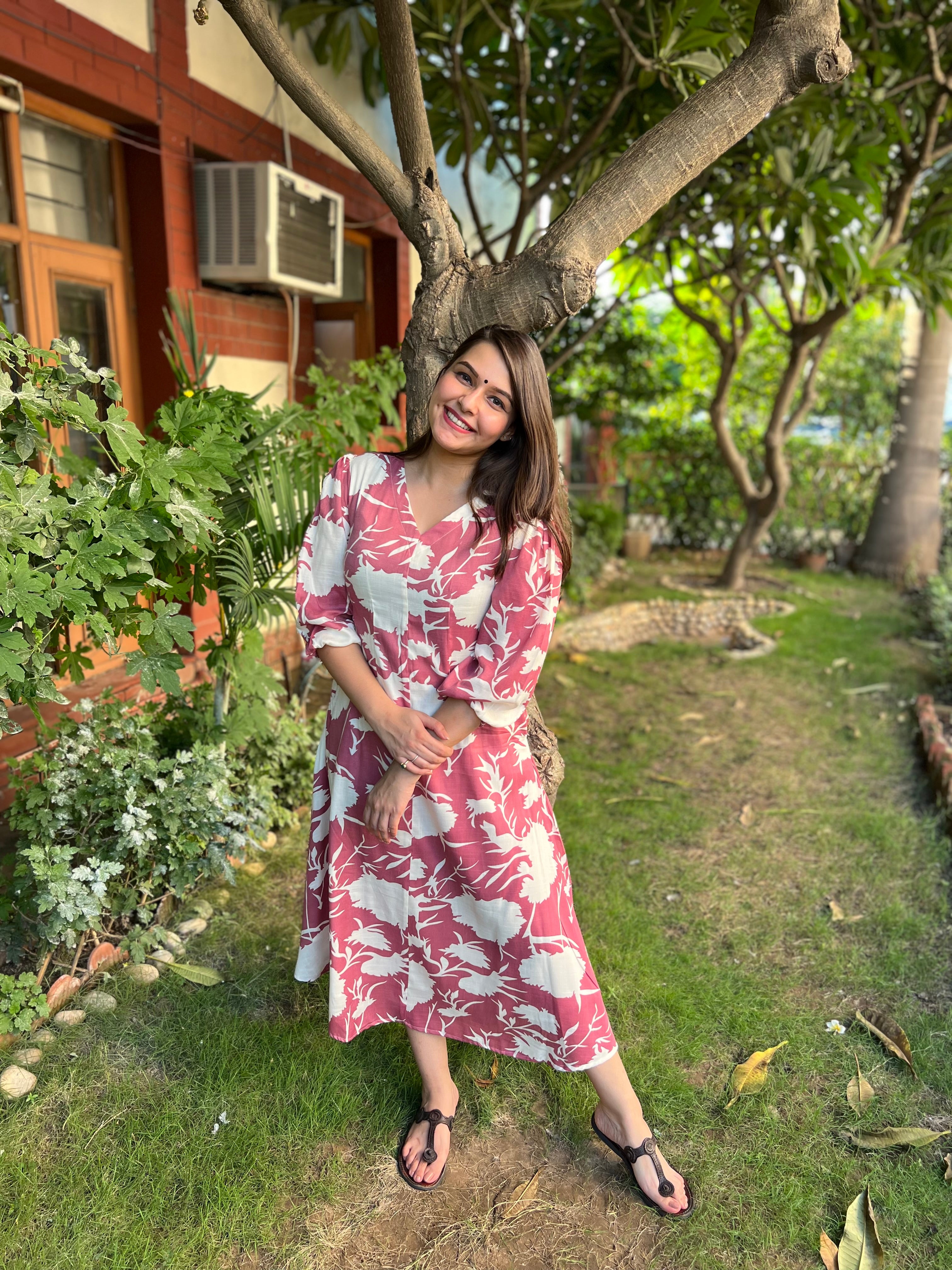 Pink White floral dress - MYSANSKRITAM