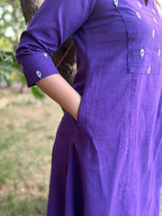 Purple embroidered yoke A-line kurta with pockets