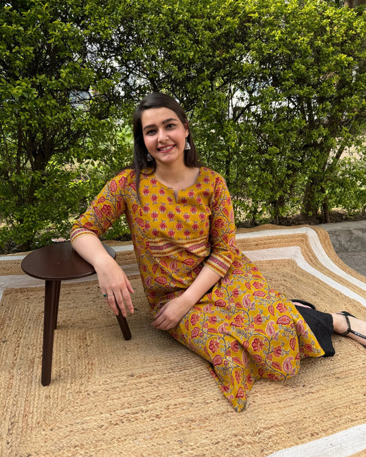 Mustard Floral print yoke kurta