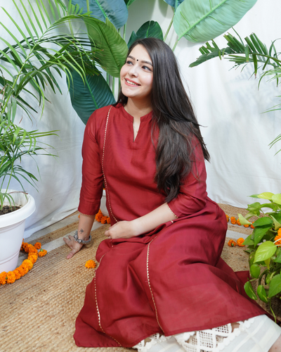 Maroon Textured Chanderi Aline kurta