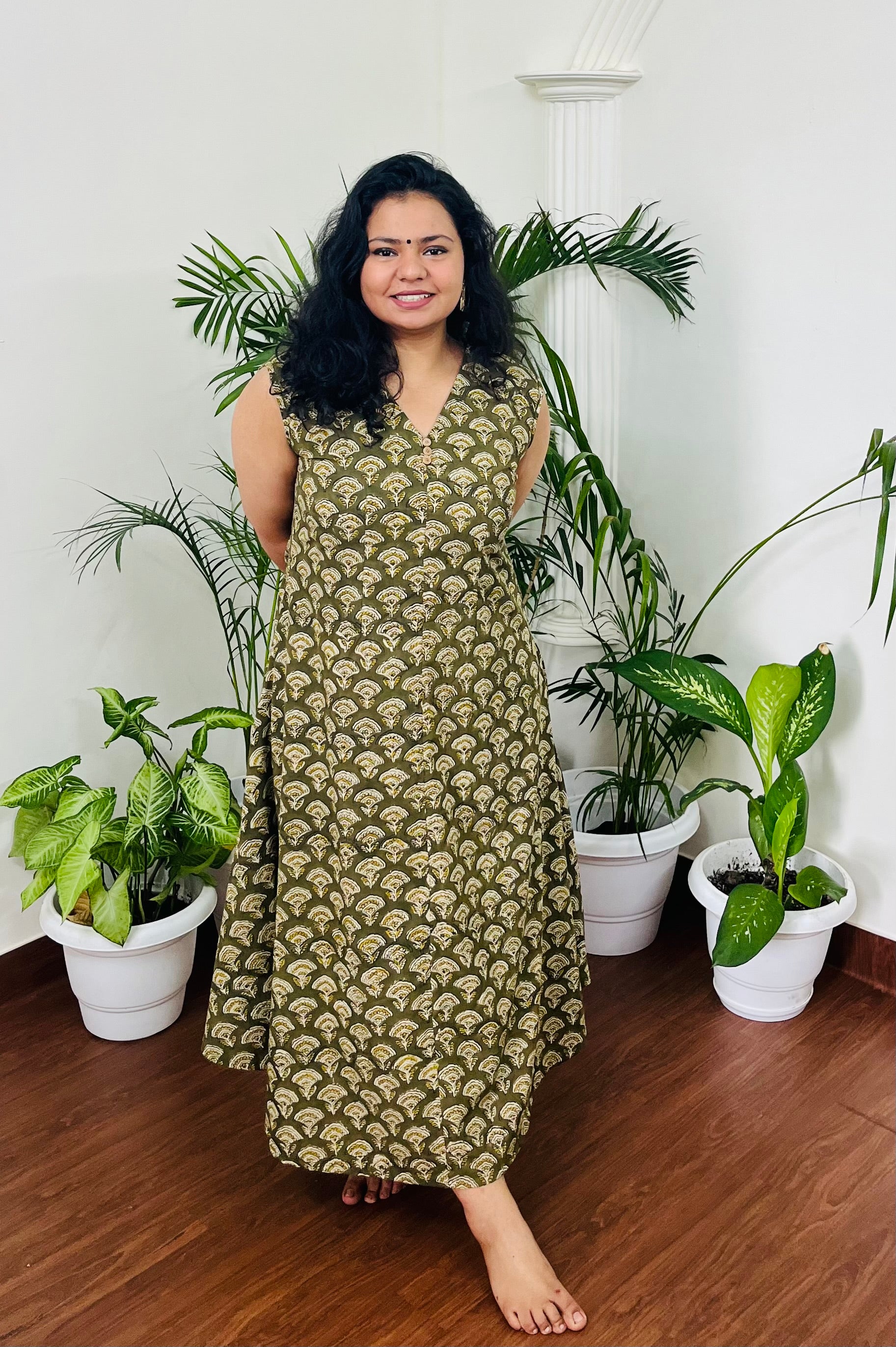 Mehendi green Handblock dress with pocket - MYSANSKRITAM