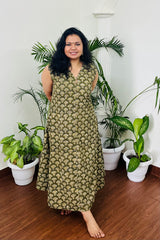 Mehendi green Handblock dress with pocket - MYSANSKRITAM