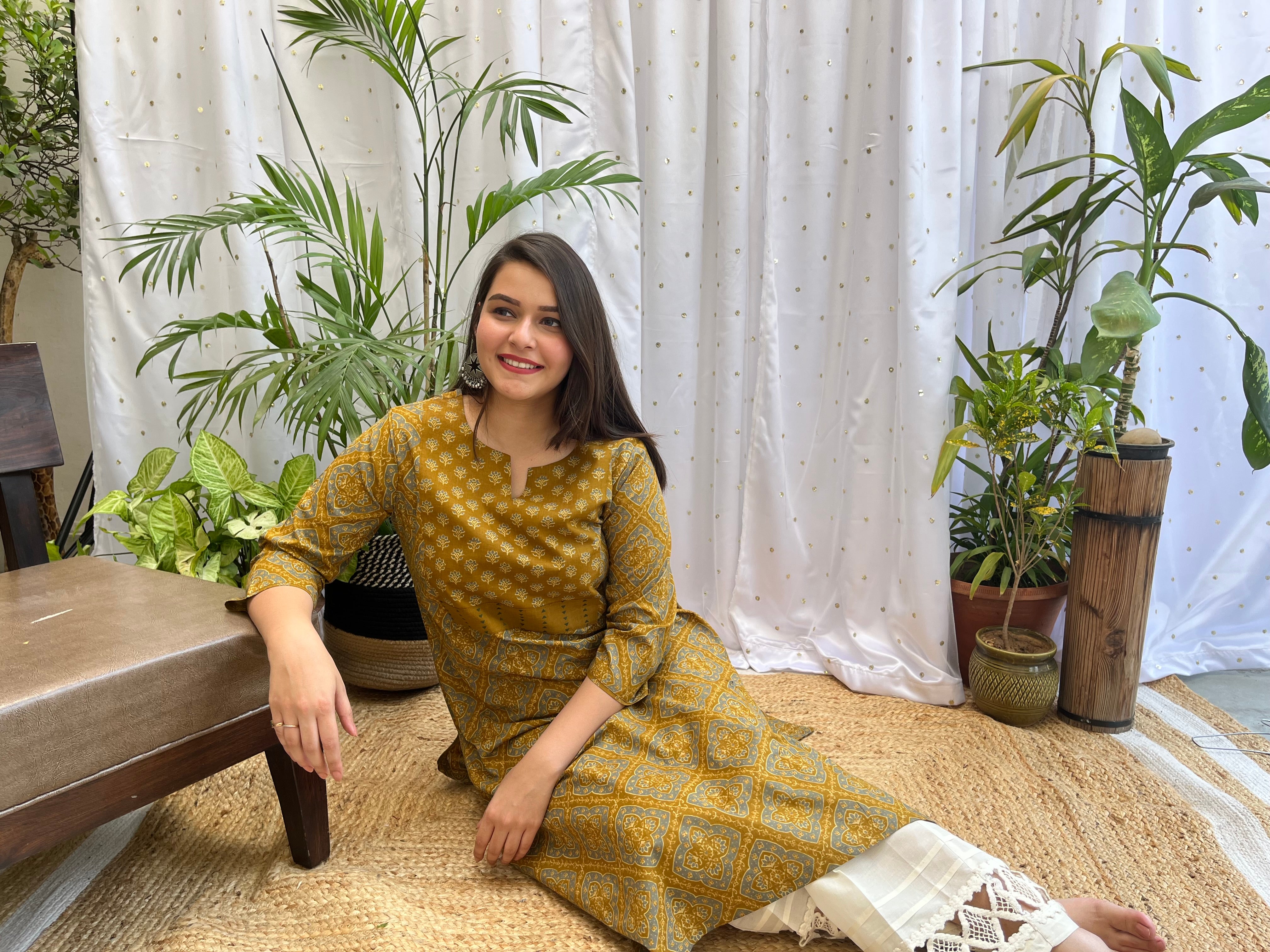 Mustard Geometric Yoke Kurta - MYSANSKRITAM