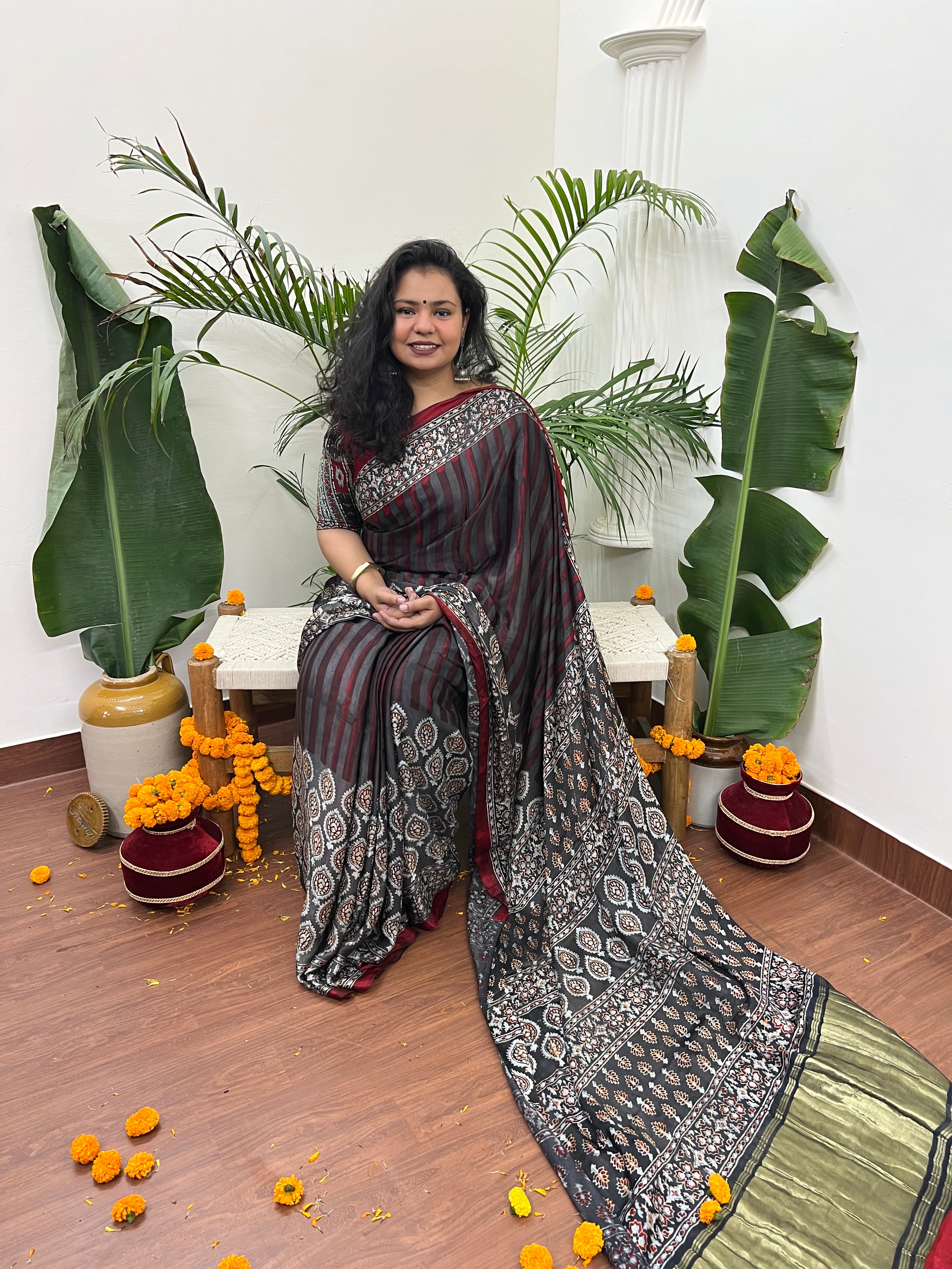 Grey with Maroon lines Modal silk saree with Gold pallu - MYSANSKRITAM