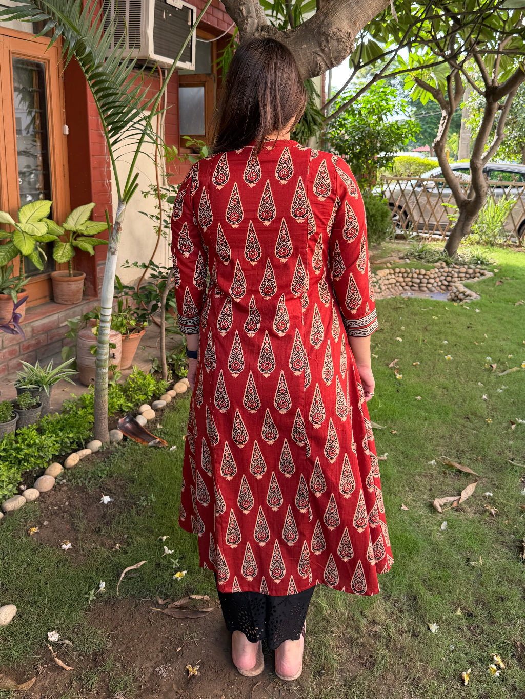 Maroon Leaf A-line Kurta with Pocket by MySanskritam