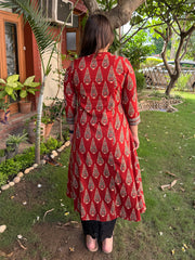 Maroon Leaf A-line Kurta with Pocket by MySanskritam