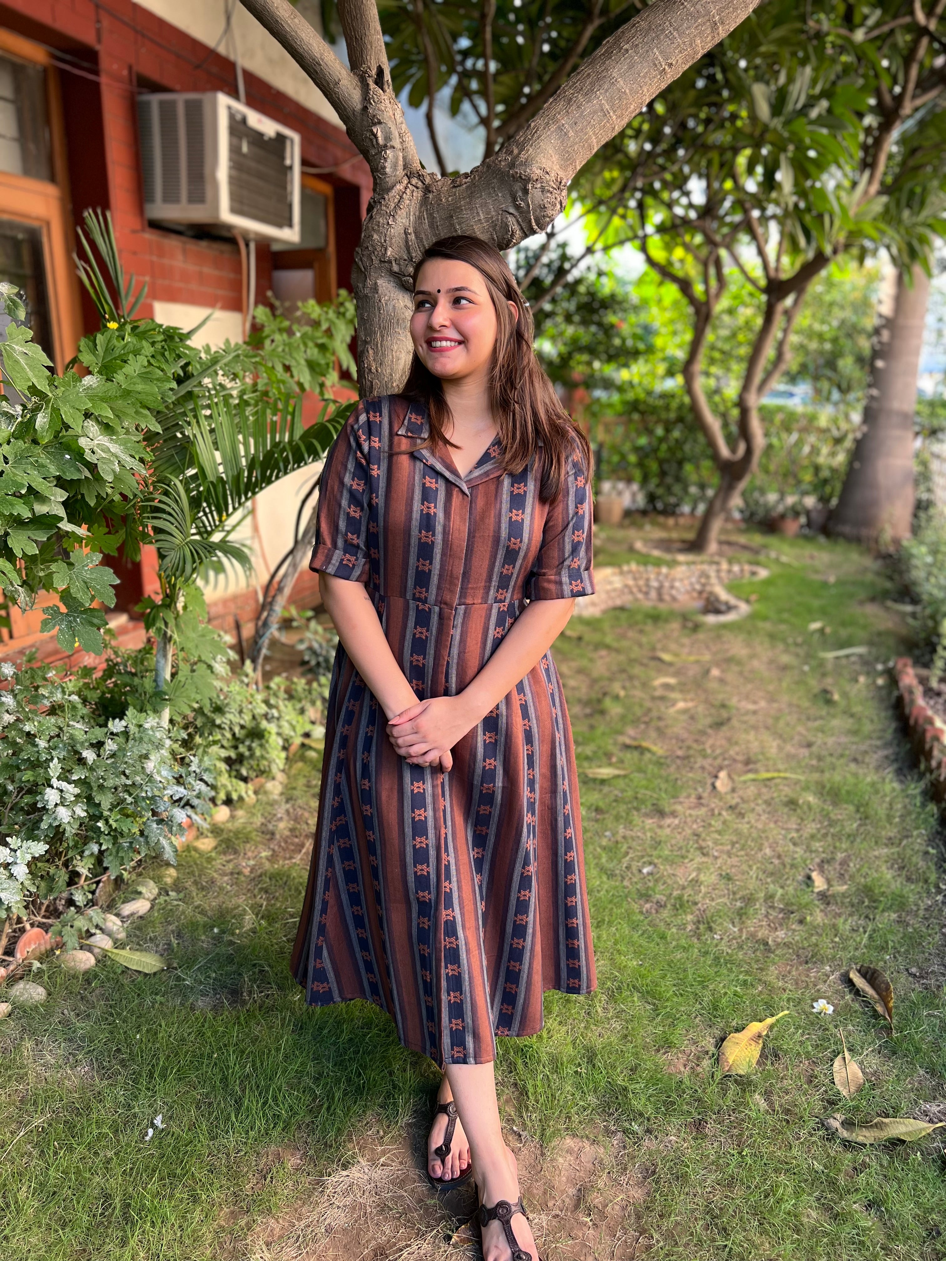 Brown Lines dress with collar - MYSANSKRITAM