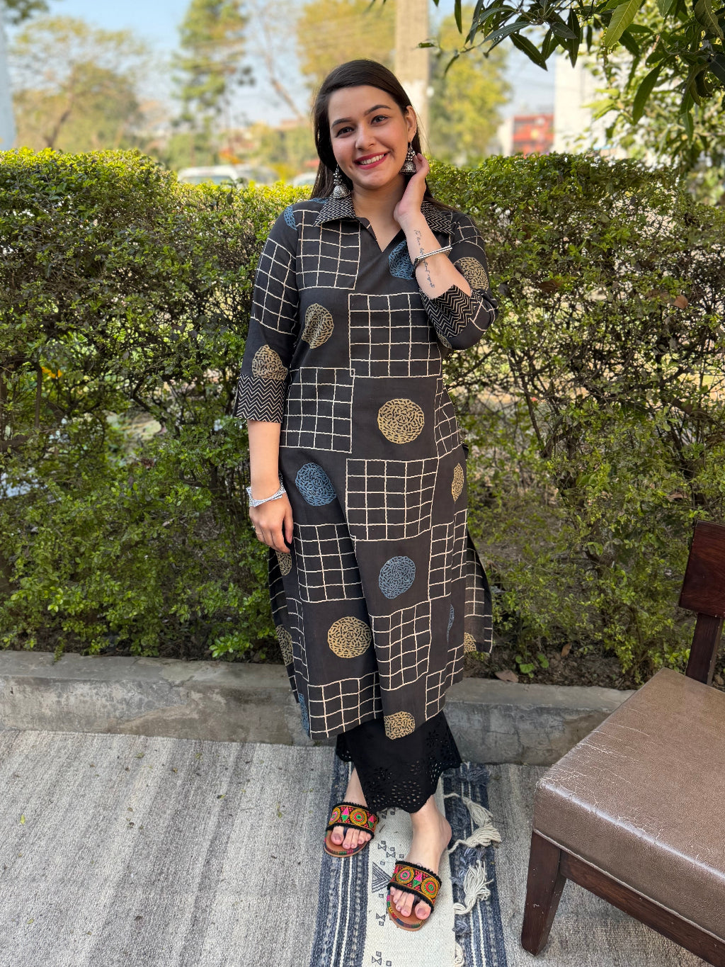 Brown Ajrakh Handblock Collar Kurta by Sanskritam