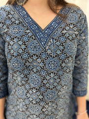 Ajrakh Chanderi Indigo kurta duppata set - MYSANSKRITAM