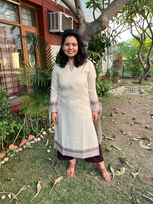 Cream border woollen kurta