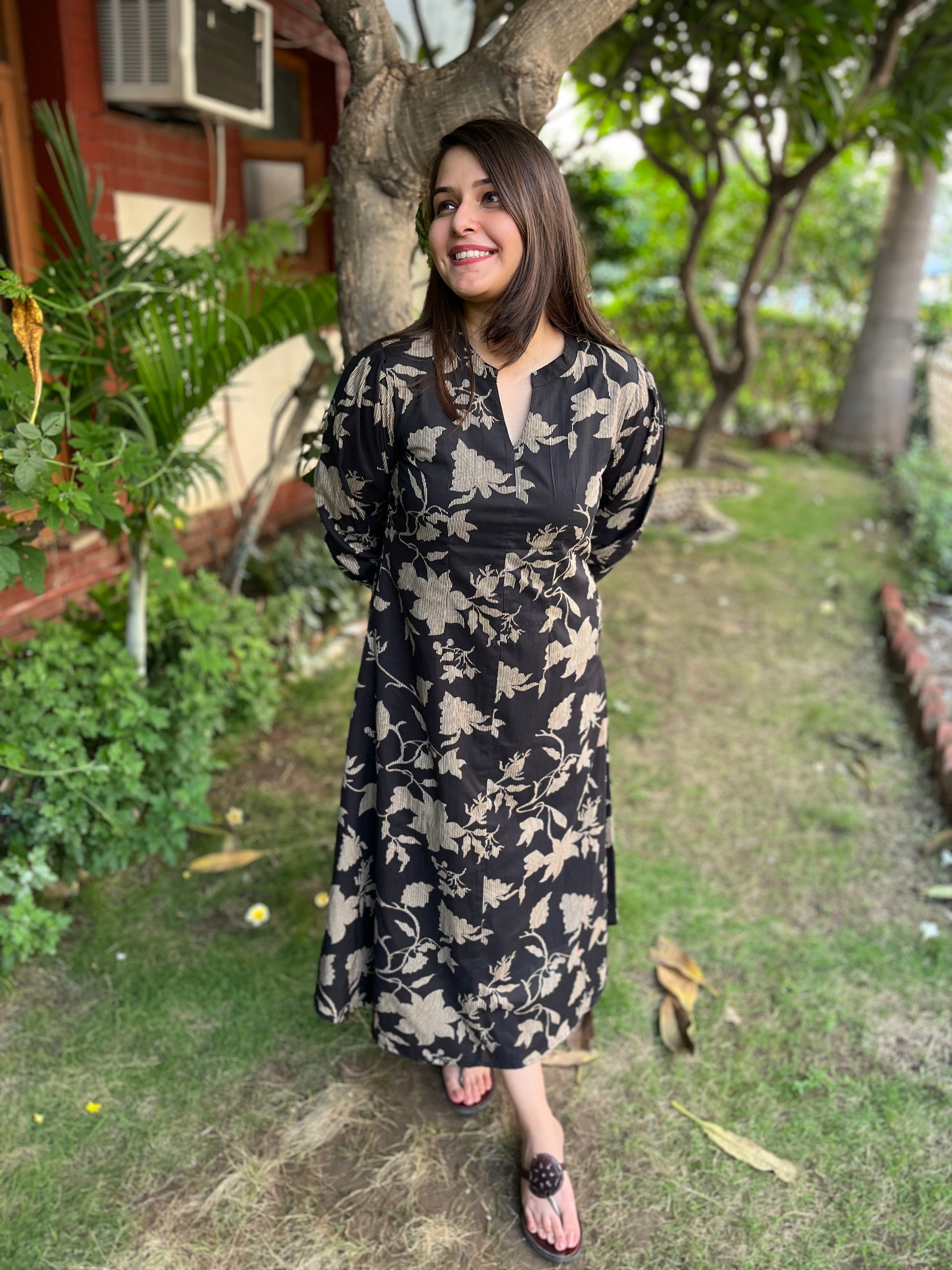 Black Floral dress with pockets - MYSANSKRITAM