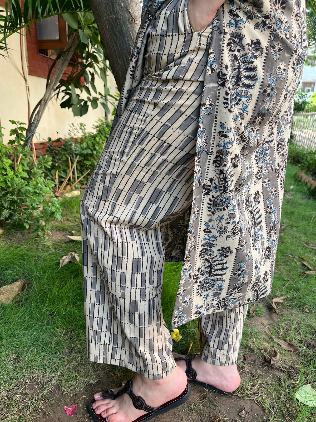 Grey Geometric Kalamkari Palazzo - MYSANSKRITAM