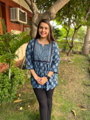 Indigo Geometric gather kurti - MYSANSKRITAM