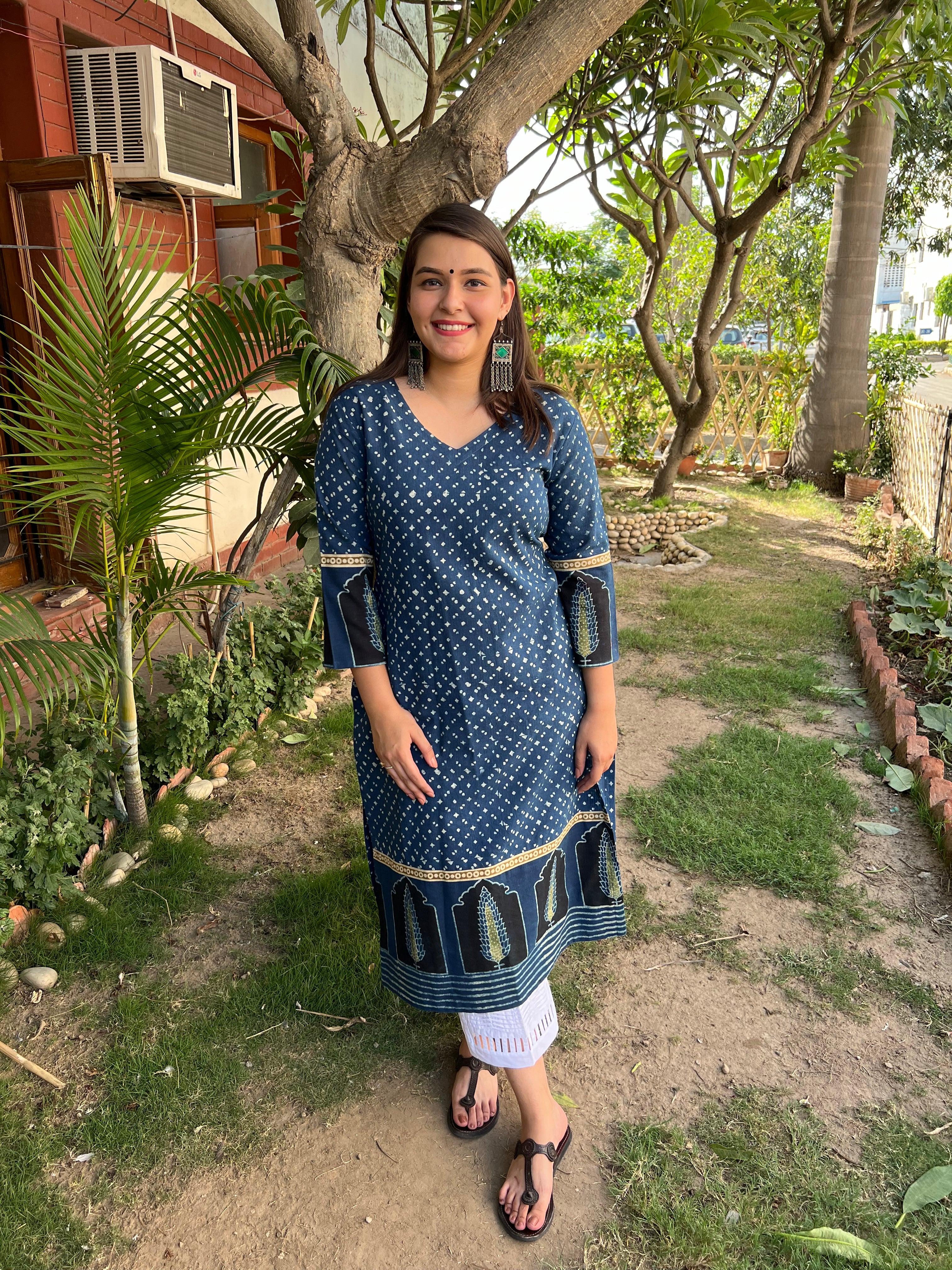 Indigo Ajrakh Border style designer Kurta - MYSANSKRITAM