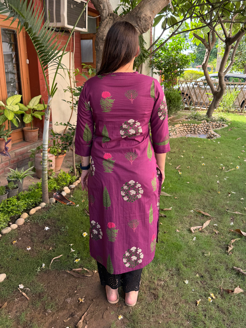 Wine Big Leaf Flower Ban-Neck Kurta from the back by Sanskritam