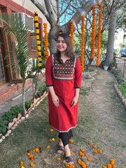 Red embroidered Yoke kurta