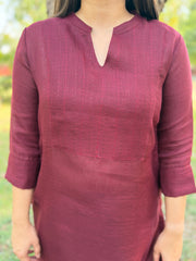 Maroon kantha yoke linen kurta
