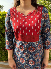 Red Yoke Printed Cotton Kurta
