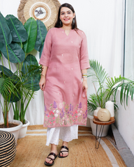 Pink floral embroidered linen kurta