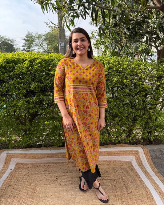 Mustard Floral print yoke kurta