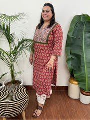 Maroon kantha yoke kurta