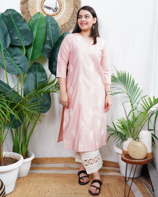 Soft pink fully embroidered kurta