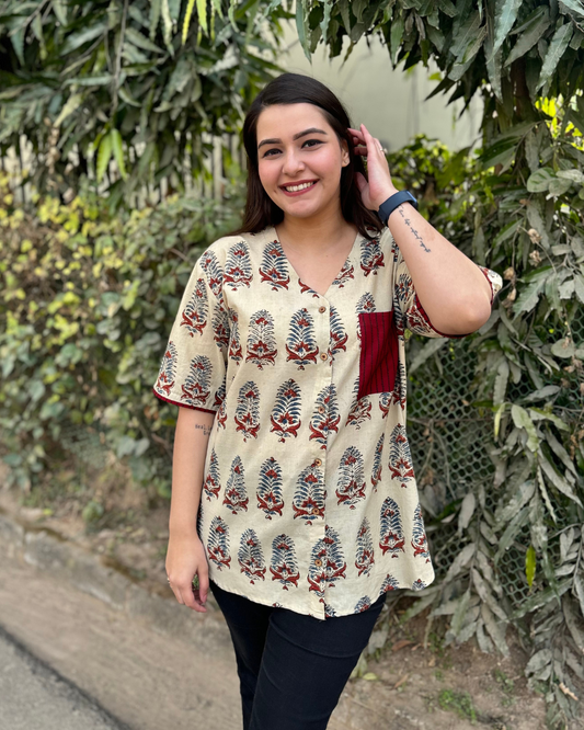 Beige handblock shirt with kantha pocket