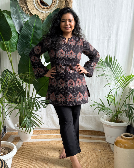 Black Peacock Ajrakh kurti