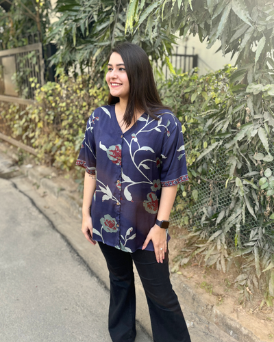 Indigo flower muslin silk Shirt
