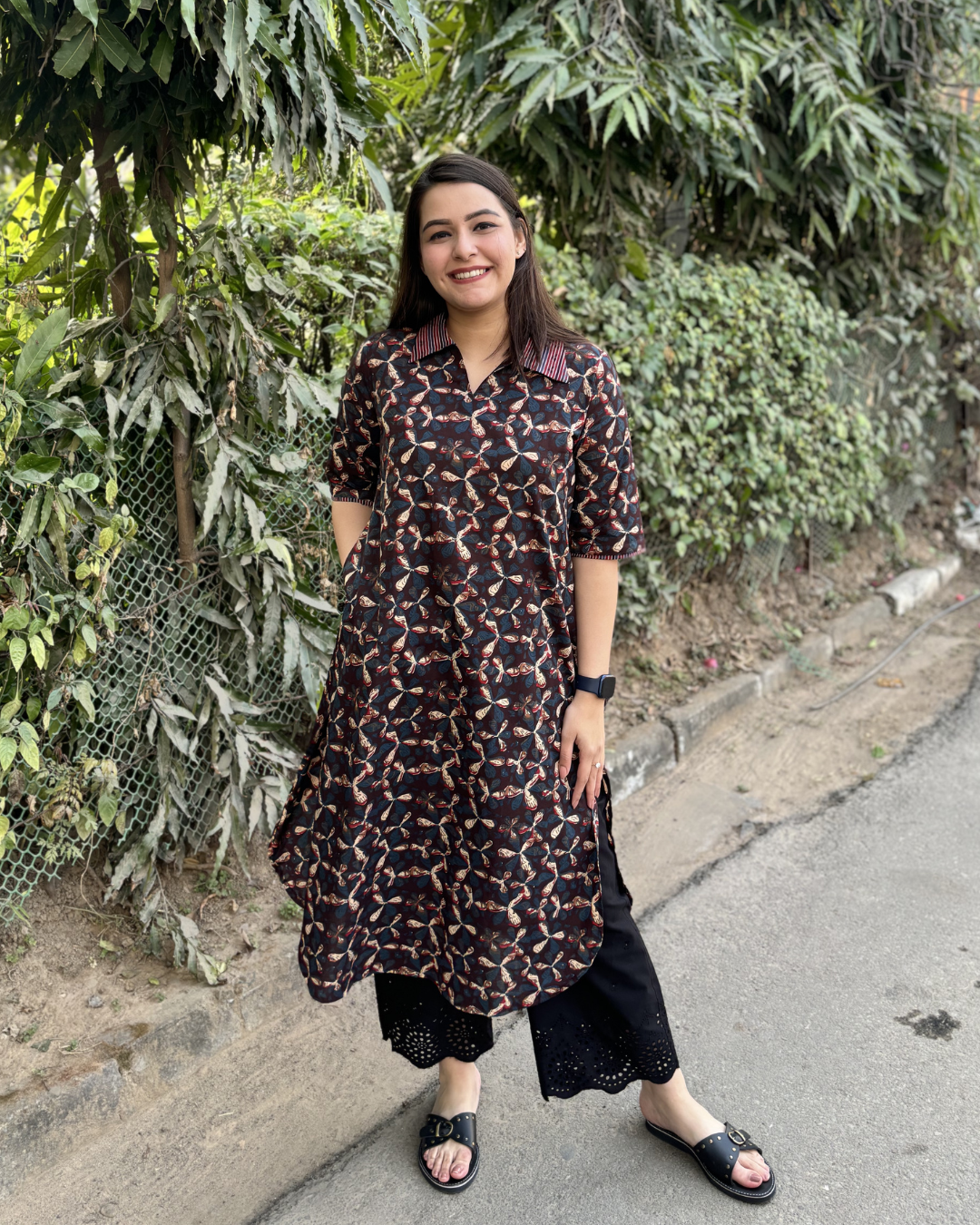 Dark brown overall printed kurta with pocket