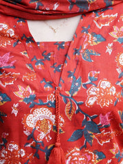 Red Floral Printed Cotton Suit Set