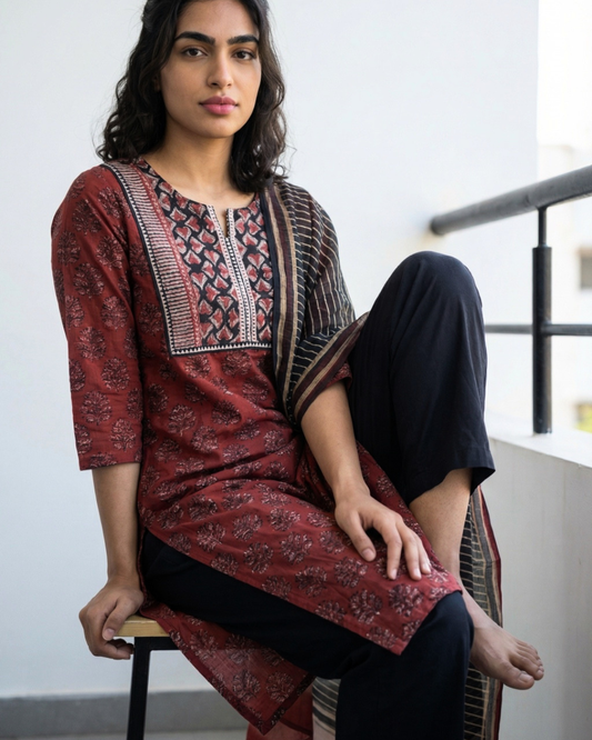 Maroon Handblock printed yoke suit set
