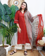 Maroon bindi Kurta with kota doria dupppta