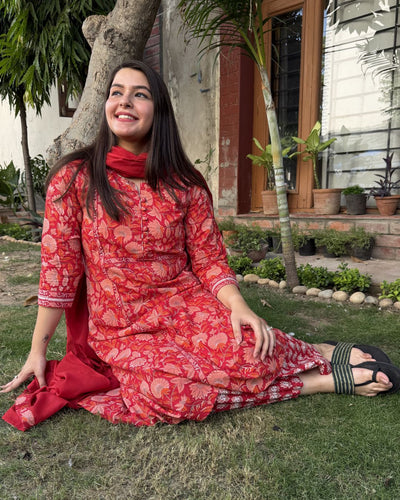 Red Sanganeri Aline full suit set