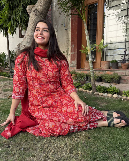 Red Sanganeri Aline full suit set