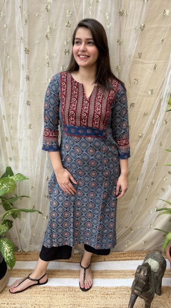 Indigo ajrakh Yoke kurta - MYSANSKRITAM