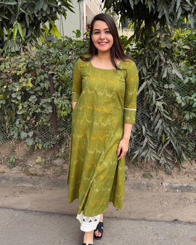 Parrot green ikkat A-line kurta with pocket