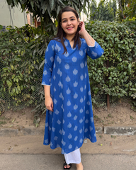 Royal blue ikkat A-line kurta with pocket