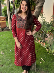 Maroon buti Ajrakh Yoke kurta