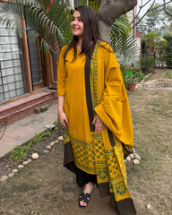 Mustard Ajrakh kurta duppata set