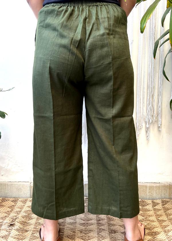 Bottle Green Slub Cotton Pants - MYSANSKRITAM