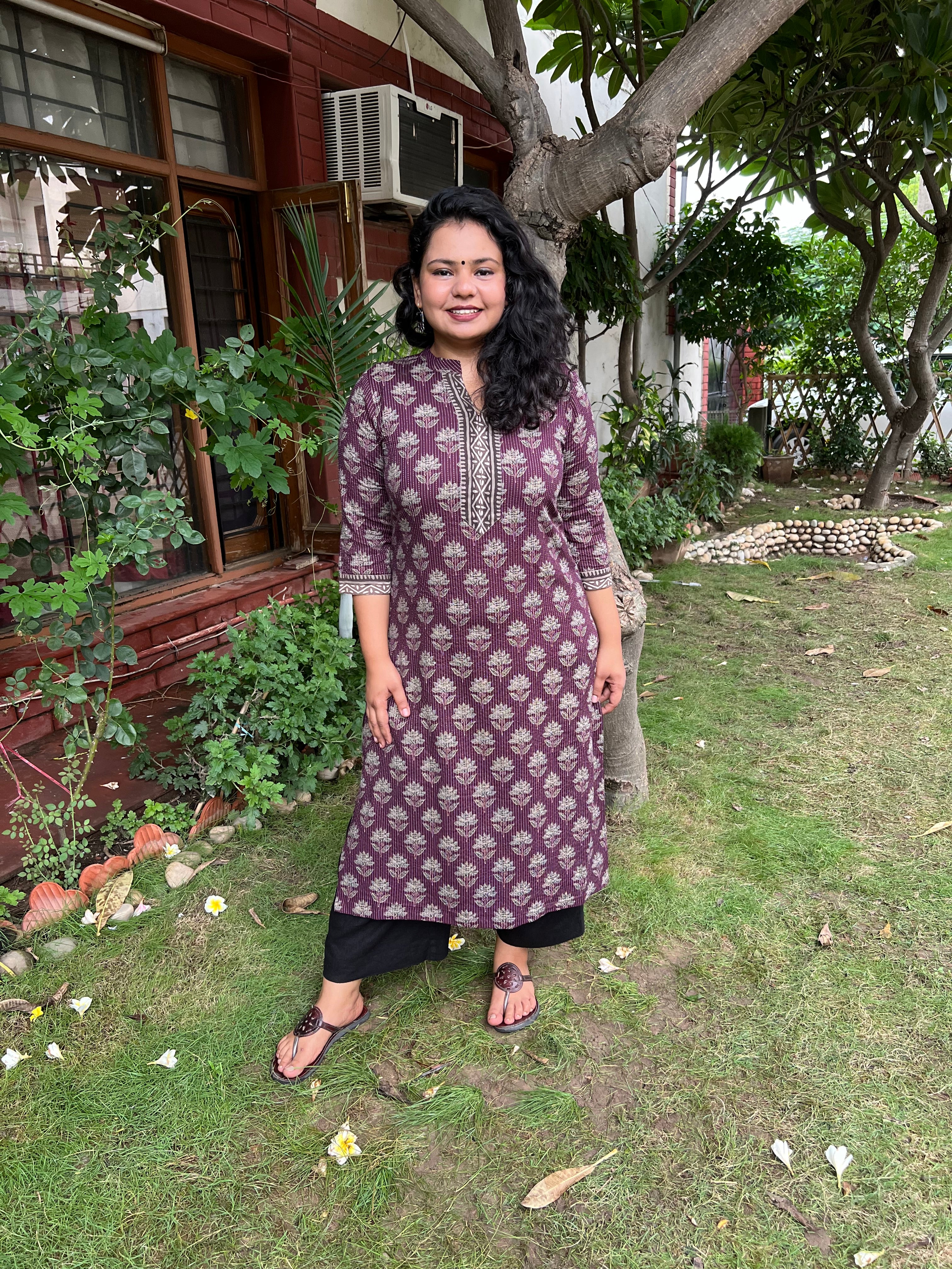 Wine Ban neck Kantha kurta - MYSANSKRITAM