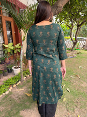 Bottle green flower V neck kurta