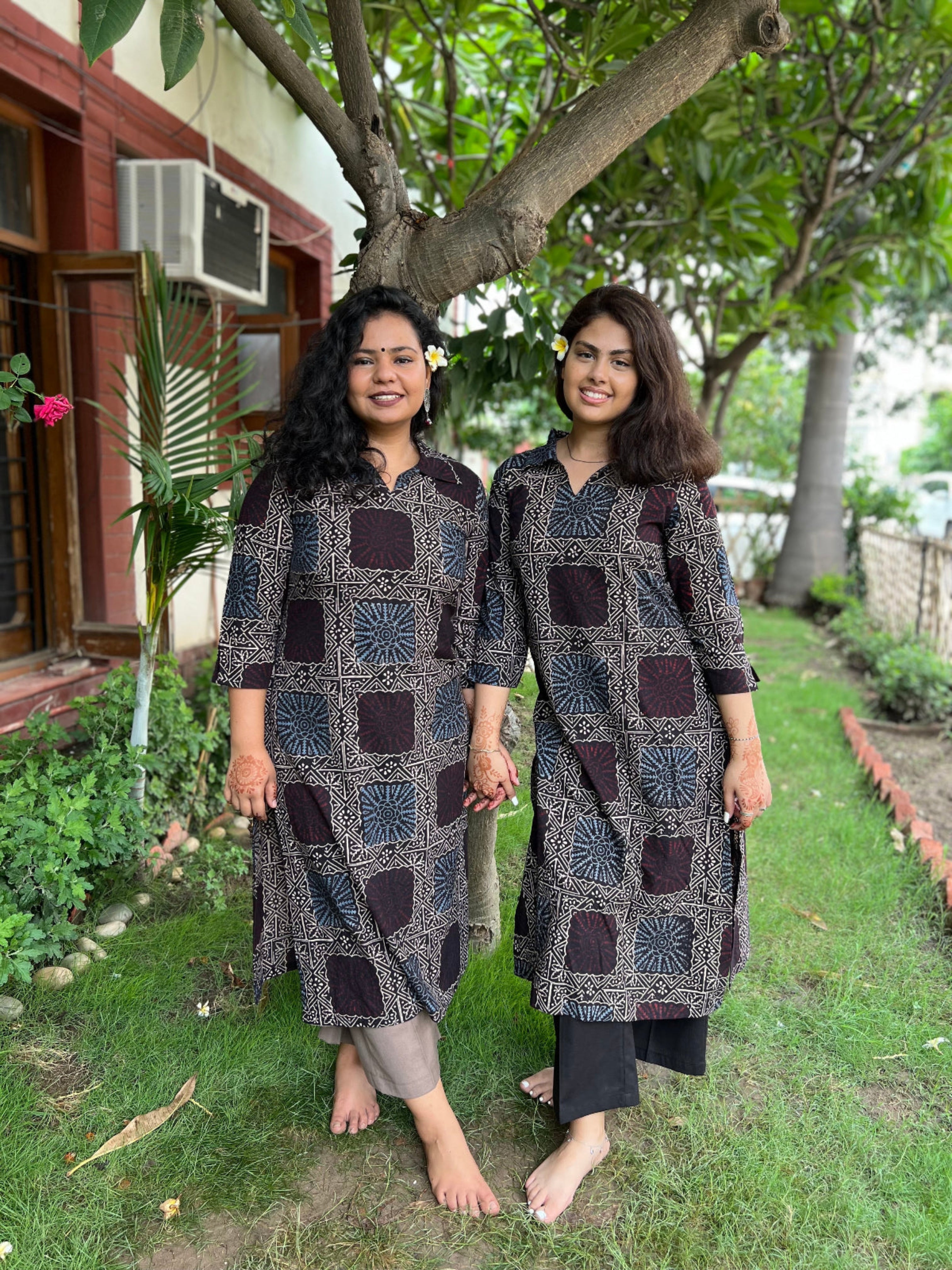 Ajrakh square handblock printed collar kurta - MYSANSKRITAM